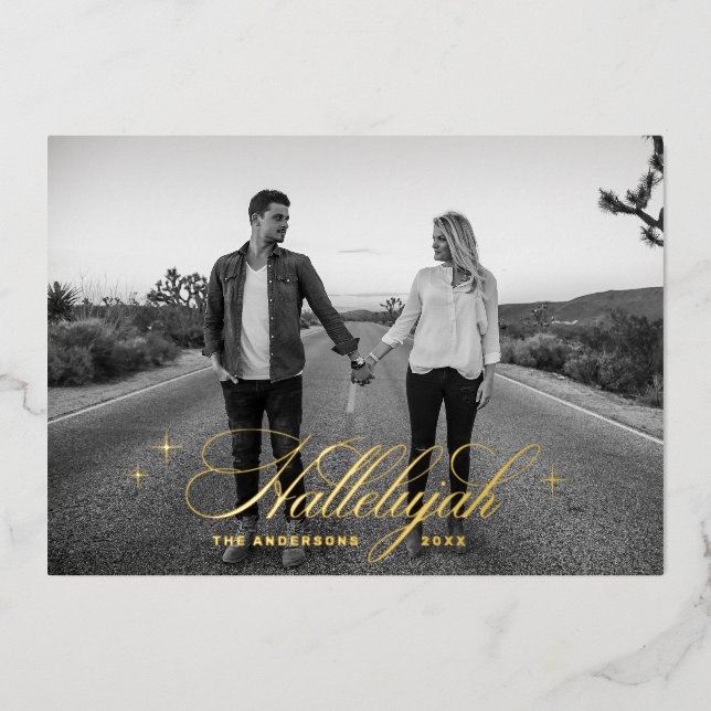 Gold Script Hallelujah Christmas | Religious Photo Foil Holiday Card (Front)