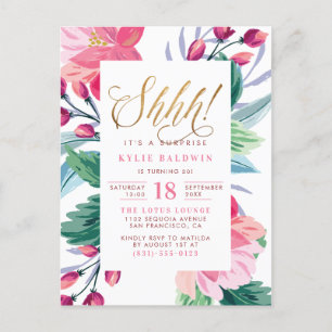 Gold Script Hand Painted Floral Surprise Birthday Invitation Postcard