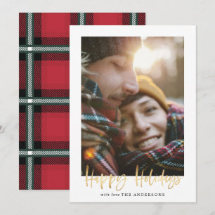 Gold script happy holidays red tartan photo holiday card
