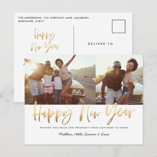 gold script happy new year multi photo new year  holiday postcard (Front/Back)
