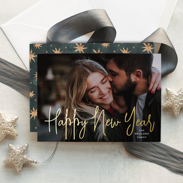 Gold Script Happy New Year Photo Foil Holiday Card (Creator Uploaded)