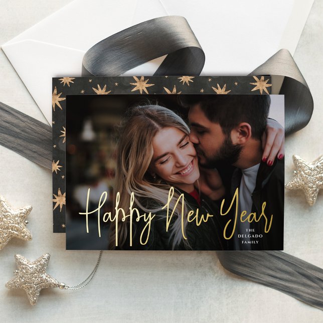 Gold Script Happy New Year Photo Foil Holiday Card (Creator Uploaded)