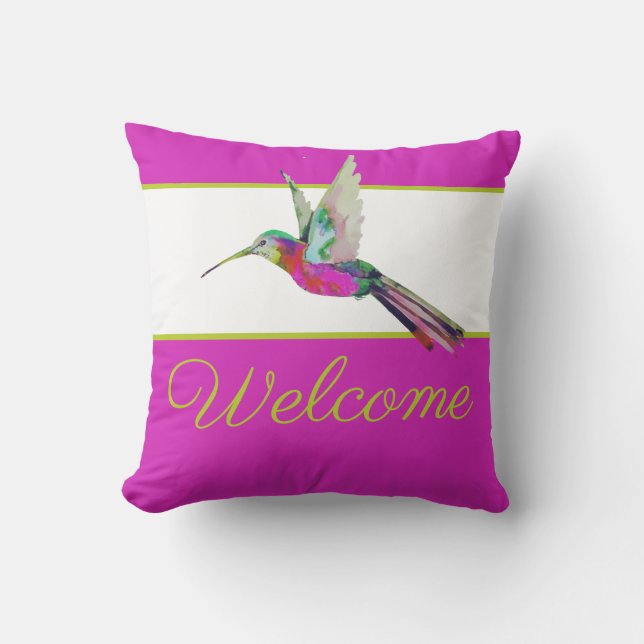  Gold  Script Hummingbird Watercolor Pink Welcome Cushion (Front)