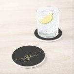 Gold Script Initials Monogram Minimalist Black Coaster<br><div class="desc">A chic modern stylish gold black monogram on black coasters,  with a dramatic script initial with swashes and your full name in a modern serif type, </div>