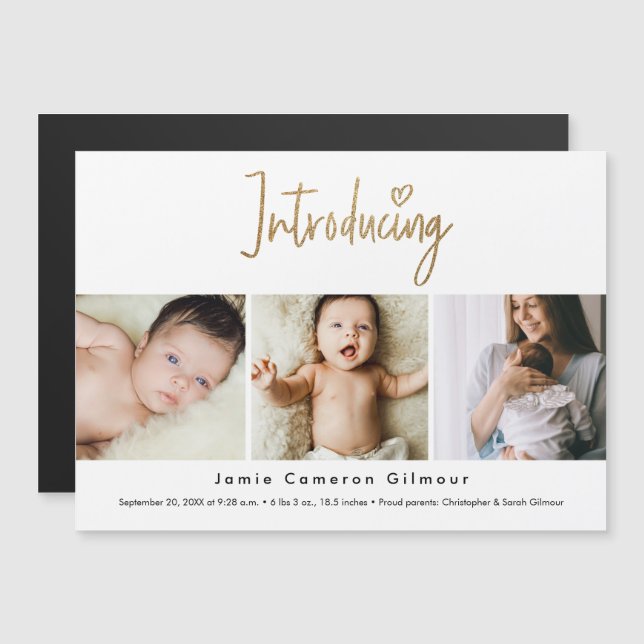 Gold Script Introducing Custom 3 photo Baby Magnetic Invitation (Front/Back)