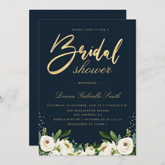 gold script ivory white floral navy bridal shower invitation (Front/Back)