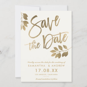 Gold script leaf wedding save the date