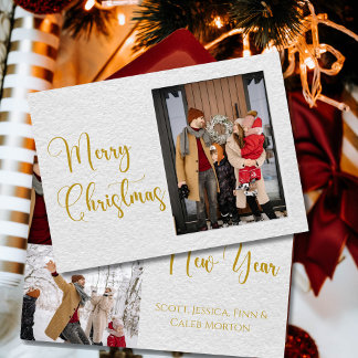 Gold Script Merry Christmas Family Photo Card