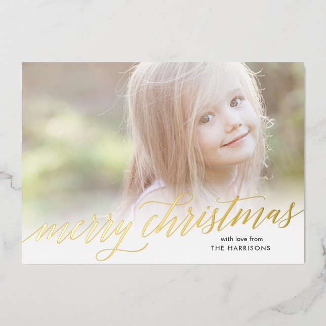 Gold Script Merry Christmas Foil Holiday Card (Front)