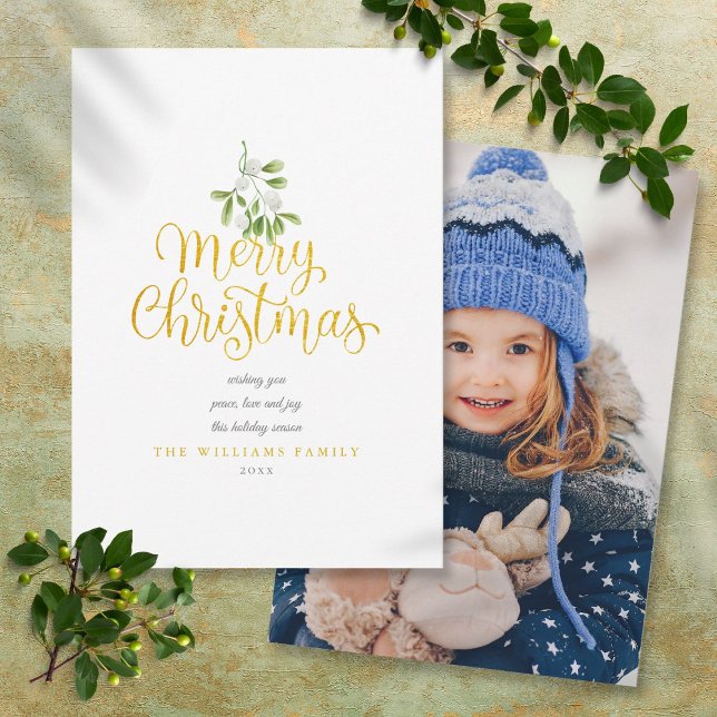 Gold Script Merry Christmas Mistletoe Photo Holiday Card (Gold Script Merry Christmas Mistletoe Photo Holiday Card)