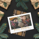 Gold script merry christmas mustard tartan 1 photo holiday card<br><div class="desc">Gold effect stylish script merry christmas with coordinating black and mustard check tartan backer design. Space for a single photo design.</div>