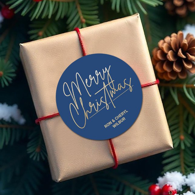 Gold Script Merry Christmas on Blue Classic Round Sticker (Merry Christmas in gold script on blue 3" round stickers)