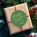 Gold Script Merry Christmas on Green Classic Round Sticker<br><div class="desc">Merry Christmas in a faux gold foil script and your names in chic lettering,  these green stickers are stylish for any Christmas holiday occasion. MORE COLORS and matching products in our collection.</div>