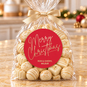 Gold Script Merry Christmas on Red Classic Round Sticker