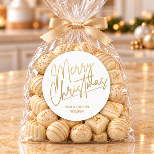 Gold Script Merry Christmas on White Classic Round Sticker