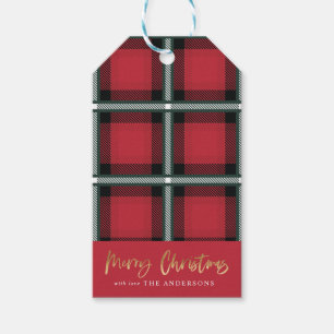 Gold script merry christmas red tartan  gift tags