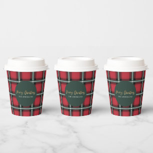 Gold script merry christmas red tartan holiday pa paper cups