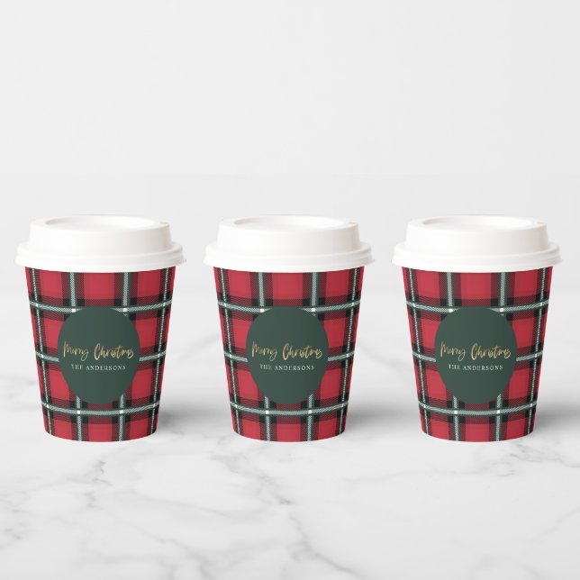 Gold script merry christmas red tartan holiday  pa paper cups (Multi)
