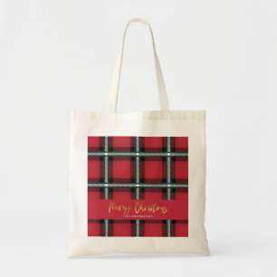 Gold script merry christmas red tartan holiday tote bag
