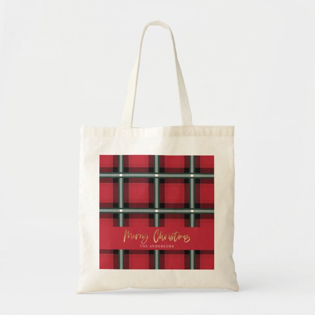 Gold script merry christmas red tartan holiday tote bag (Front)