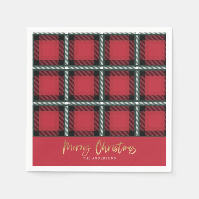 Gold script merry christmas red tartan  napkin (Front)