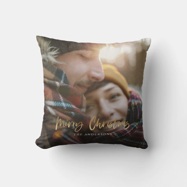 Gold script merry christmas red tartan photo cushion (Front)