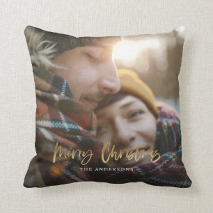 Gold script merry christmas red tartan photo cushion
