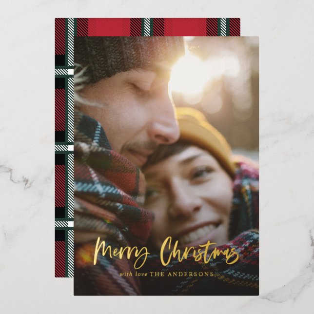 Gold script merry christmas red tartan photo  foil holiday card (Front/Back)