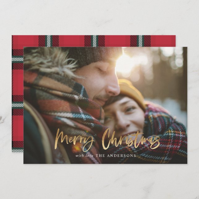 Gold script merry christmas red tartan photo holid holiday card (Front/Back)