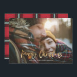 Gold script merry christmas red tartan photo holid holiday card<br><div class="desc">Gold effect stylish script merry christmas with coordinating red and green check tartan backer design. Space for a single photo design. A modern take on a traditional christmas.</div>