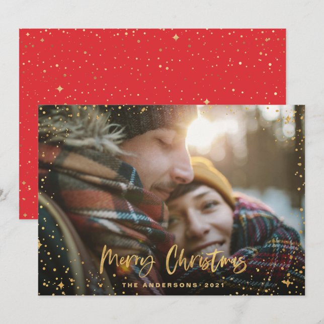 Gold script merry Christmas stars 1 photo elegant Holiday Card (Front/Back)