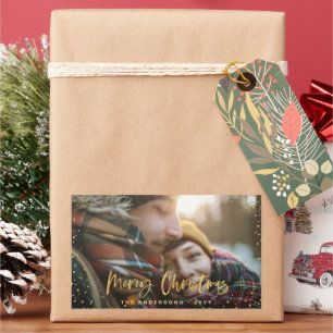 Gold script merry Christmas stars photo elegant Rectangular Sticker