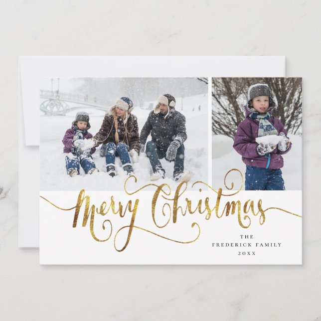 Gold Script Merry Christmas Tartan Photo Card (Front)