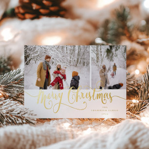 Gold Script Merry Christmas Tartan Photo Foil Holiday Card