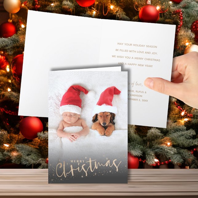 Gold Script Merry Folded Christmas Photo Holiday Card (Creator Uploaded)