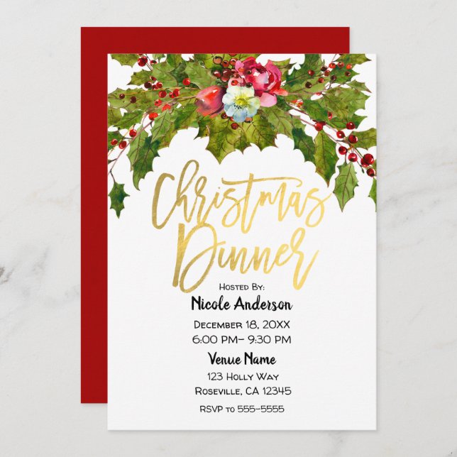 Gold Script Modern Christmas Dinner Holiday Party Invitation (Front/Back)
