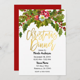 Gold Script Modern Christmas Dinner Holiday Party Invitation