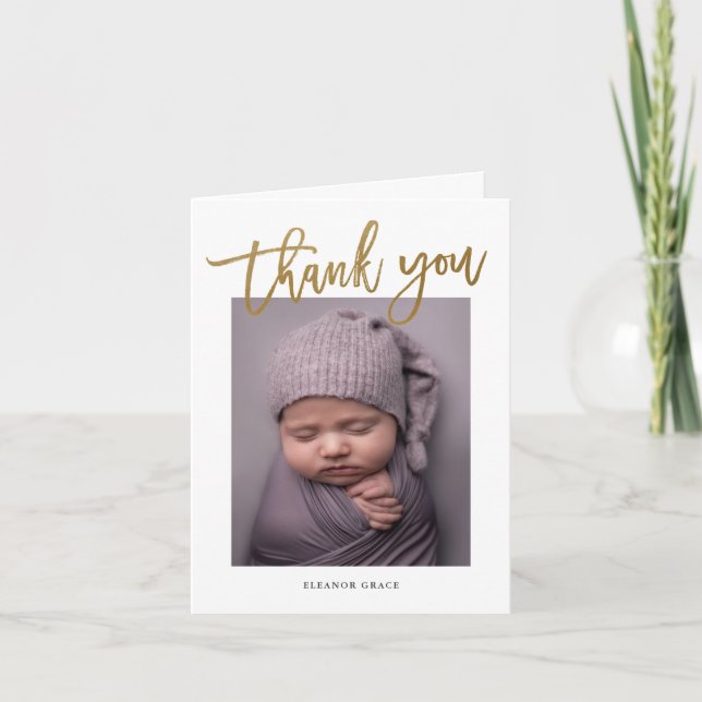 Gold Script Modern Simple Photo Baby Thank You Card (Front)