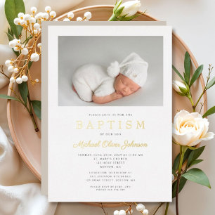 Gold Script Modern Taupe Photo Boy Baptism