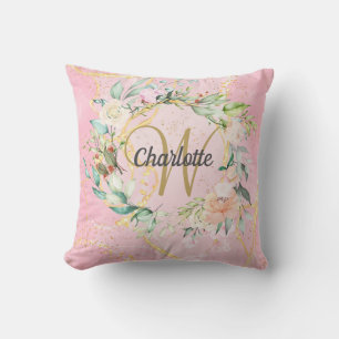 Gold Script Monogram Floral Pink Geode Agate Cushion