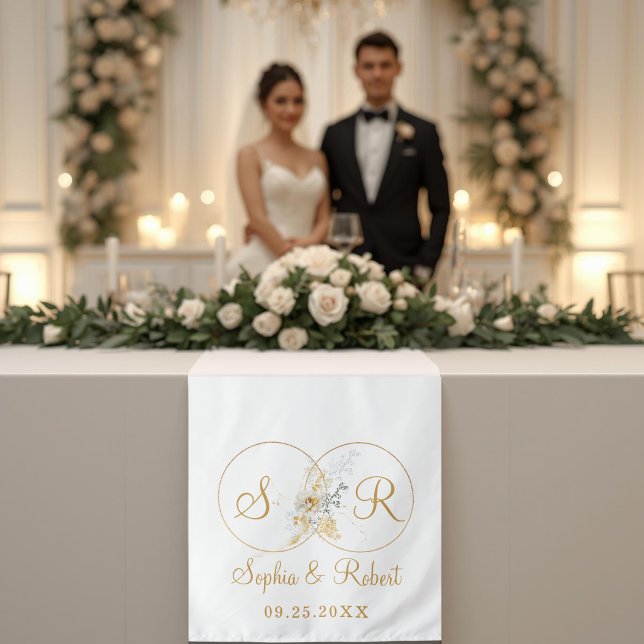 Gold Script Monogram Floral Wedding Table Runner  Tapestry (Creator Uploaded)