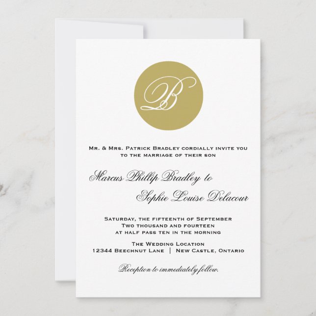 Gold Script Monogram Formal Wedding Invitation (Front)