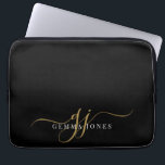 Gold Script Monogram Initials Minimalist Black Laptop Sleeve<br><div class="desc">A chic modern stylish gold black monogram on black,  with a dramatic script initial with swashes and your full name in a modern serif type.</div>