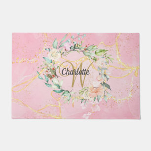 Gold Script Monogram Pink Geode Agate Floral Doormat
