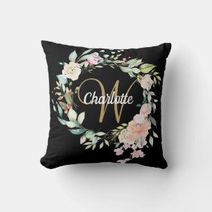 Gold Script Monogram Roses Floral Black Cushion