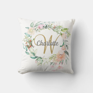 Gold Script Monogram Roses Floral Cushion