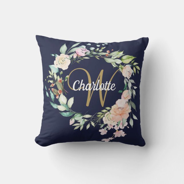 Gold Script Monogram Roses Floral Navy Blue Cushion (Front)