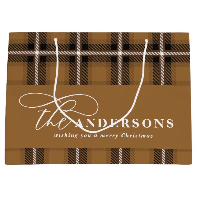 Gold script mustard plaid tartan rustic Christmas Large Gift Bag (Front)