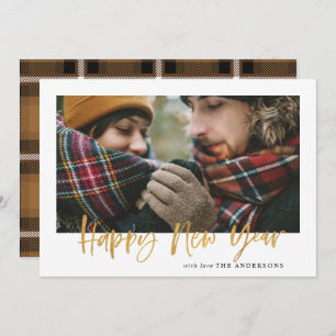 Gold script mustard tartan modern stylish new year holiday card