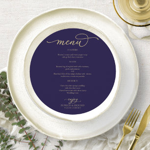 Gold Script Navy Blue Circle Menu Card For Plate